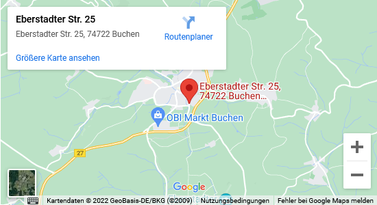 Standort Markenschreiber GmbH auf Karte angezeigt, Eberstadter Strasse 25 in 74722 Buchen Germany.